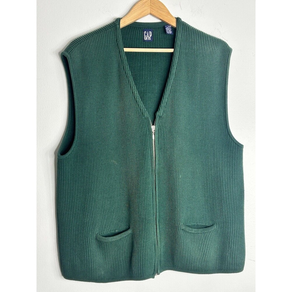 GAP Vintage Sweater Vest Full Zip Pockets Green Men’s Large Ecletic Grandpa